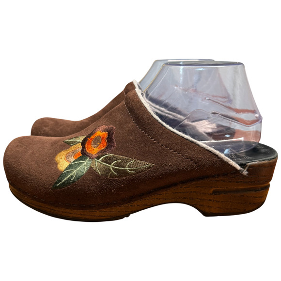 DANSKO 39/US8.5-9 Brown Suede Comfort Clog Orange Floral Embroidery Mules READ - Picture 2 of 12